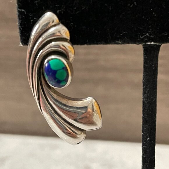 Vintage Azurite 8g Sterling Silver Handmade Signed Curved Pierced Earrings 1.5" - Picture 3 of 6